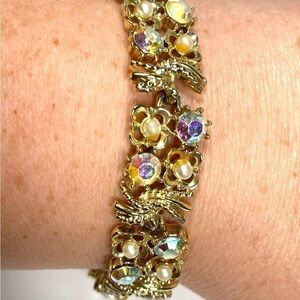 Coro Bracelet Vintage AB Crystals Pearls Gold Tone Fold Over Clasp 7”